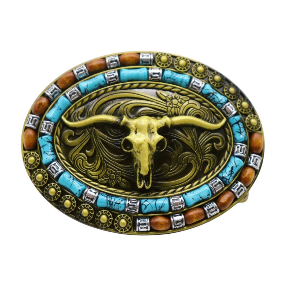 Men Women Antique Gold Metal Buckle Western Fashion Bull Long Horns Texas Cow
